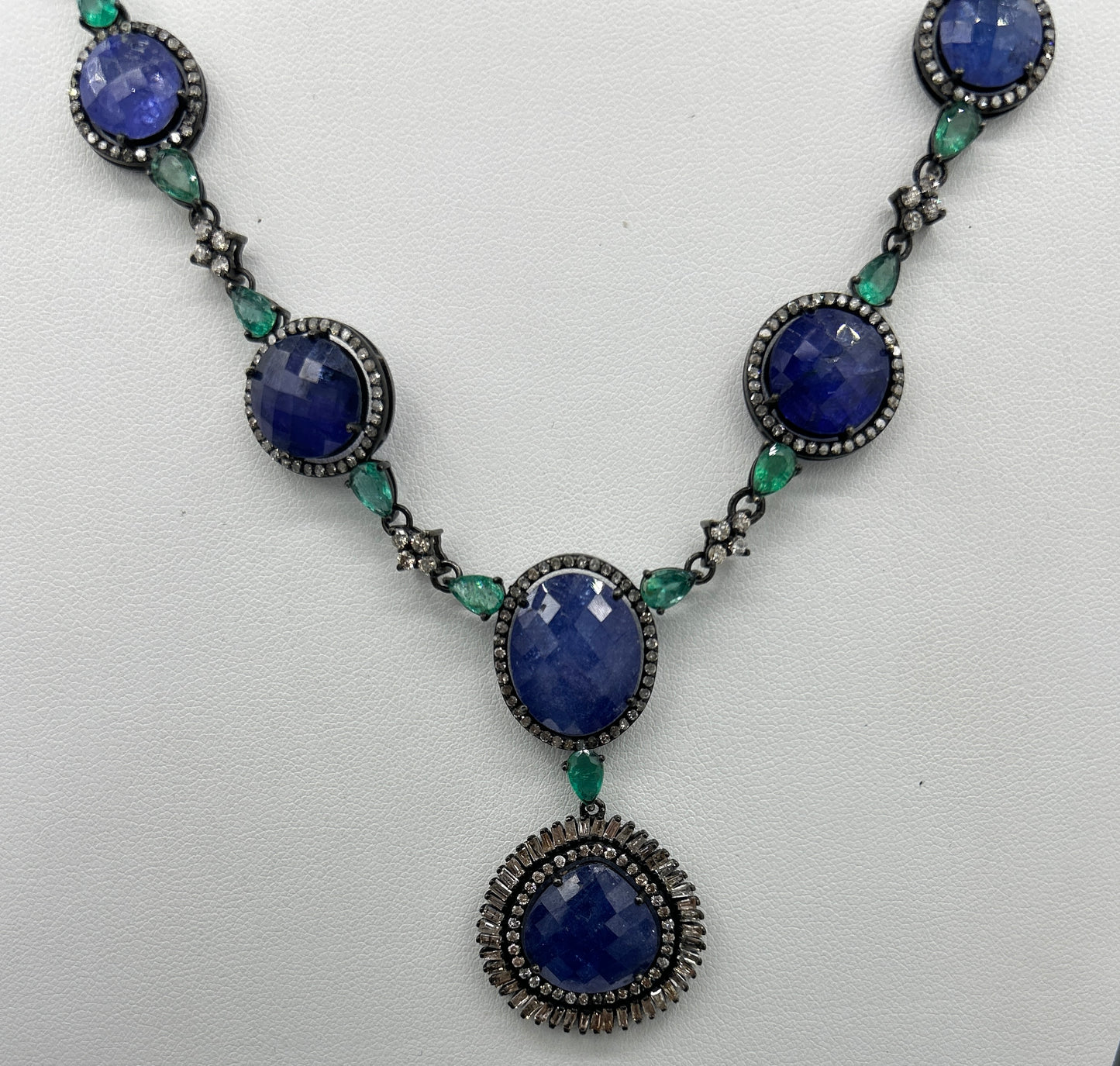 Tanzanite and Emerald Long Necklace with Diamonds