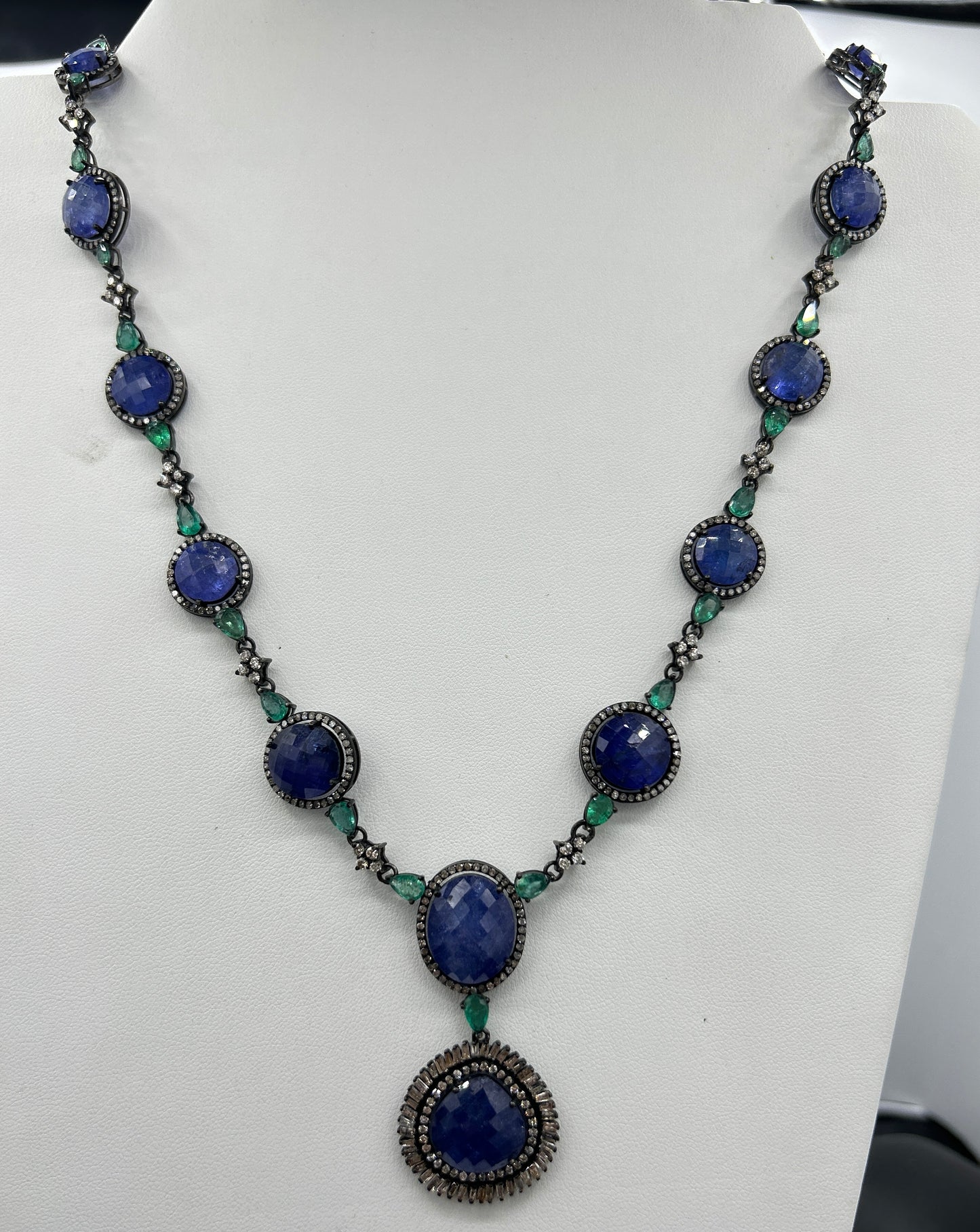 Tanzanite and Emerald Long Necklace with Diamonds