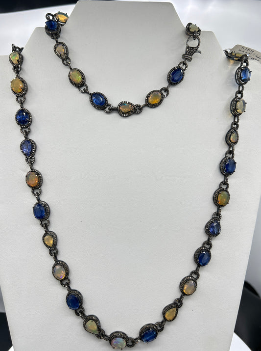 Kynite and Opal Long Necklace with Diamonds