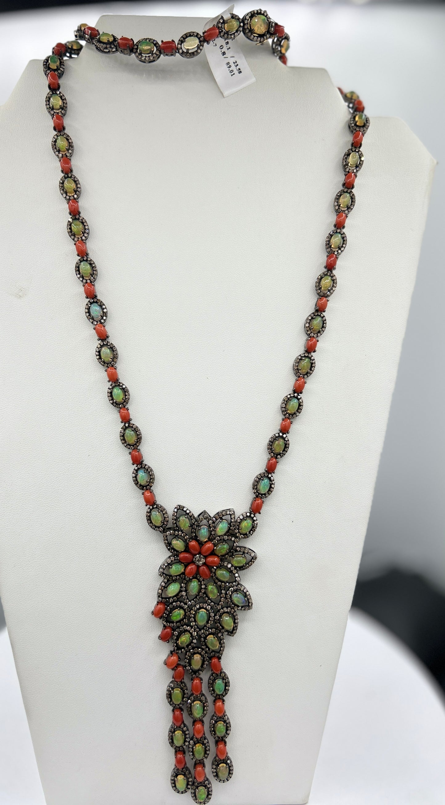 Natural Coral and Opal Long Necklace with Diamonds
