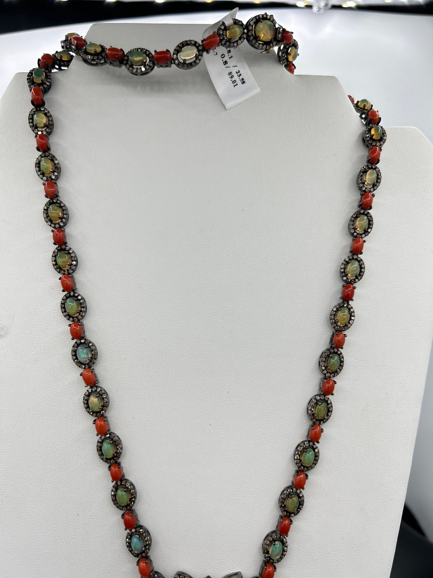 Natural Coral and Opal Long Necklace with Diamonds