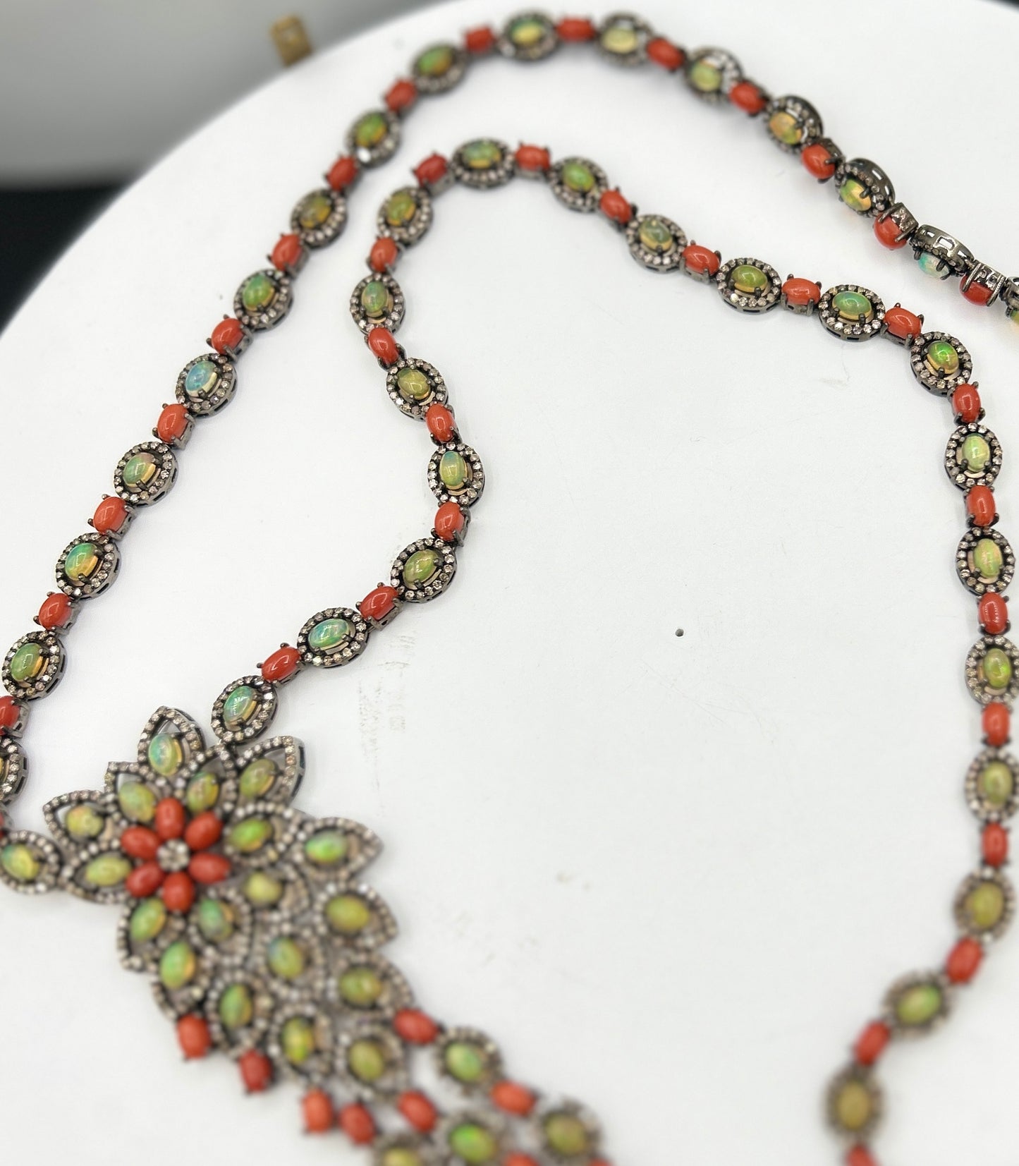 Natural Coral and Opal Long Necklace with Diamonds