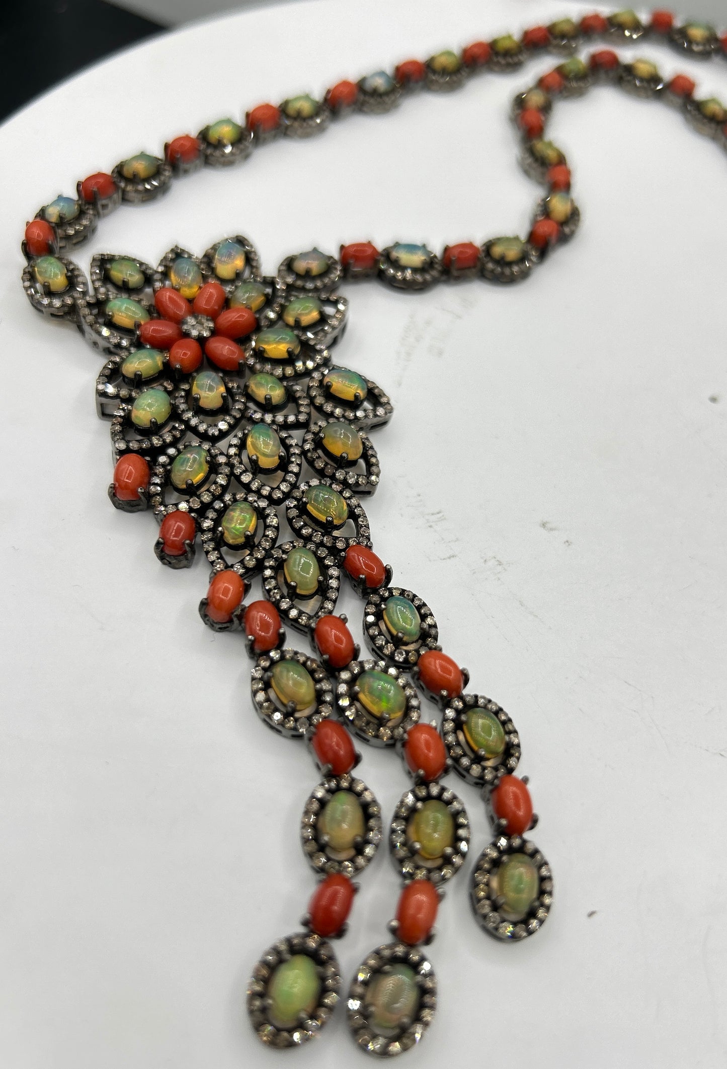 Natural Coral and Opal Long Necklace with Diamonds