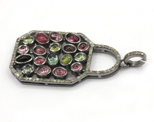 Lock Silver Pave Diamond Pendant With Tourmaline Stone