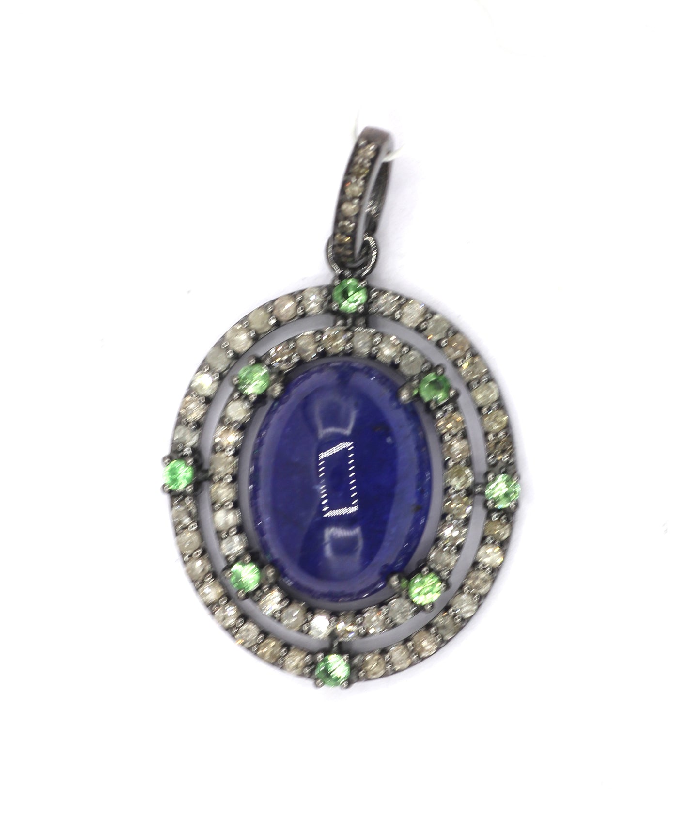 Oval Silver Pave Diamond Pendant With Tanzanite Stone