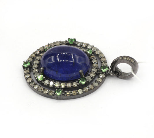 Oval Silver Pave Diamond Pendant With Tanzanite Stone