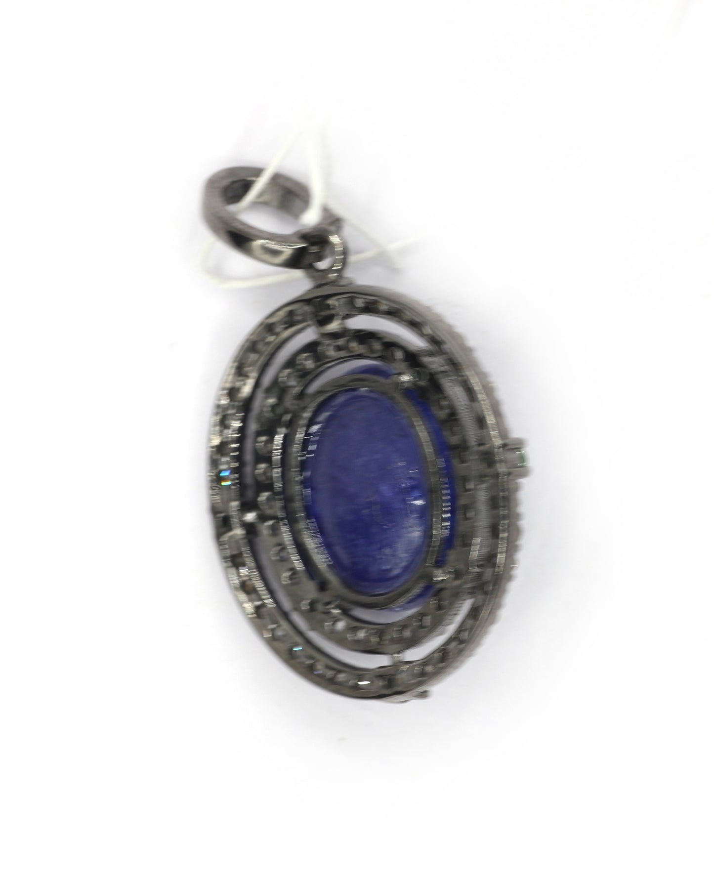 Oval Silver Pave Diamond Pendant With Tanzanite Stone