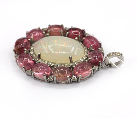 Oval Silver Pave Diamond Pendant With Opal & Tourmaline Stone