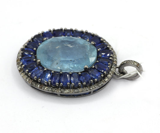 Silver Pave Diamond Pendant With Aqua Stone