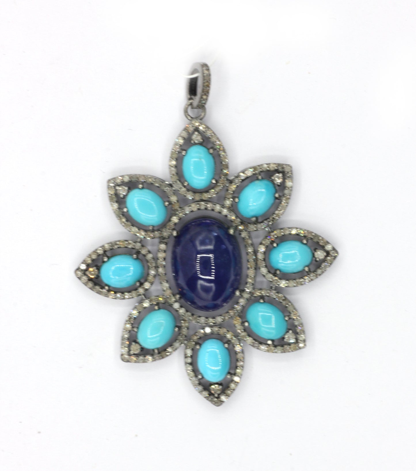 Silver Pave Diamond Pendant With Turquoise & Tanzanite Stone