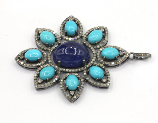 Silver Pave Diamond Pendant With Turquoise & Tanzanite Stone