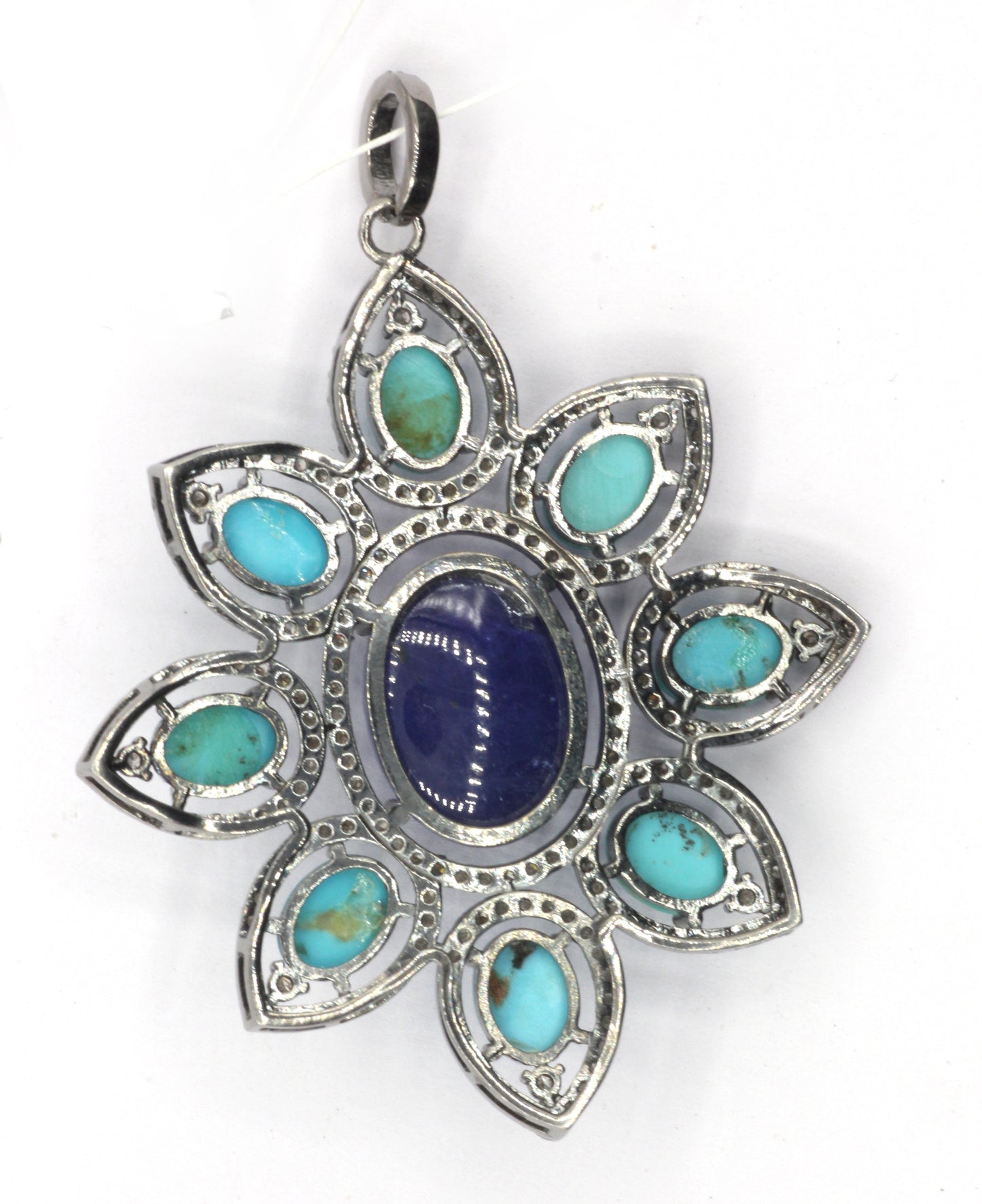 Silver Pave Diamond Pendant With Turquoise & Tanzanite Stone