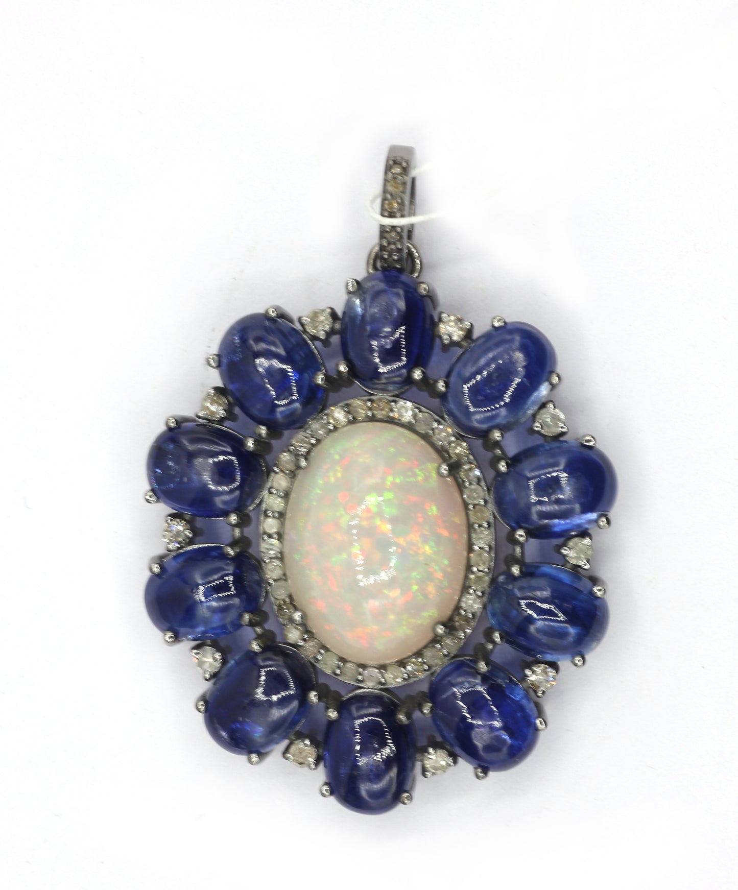Silver Pave Diamond Pendant With Tanzanite & Opal Stone