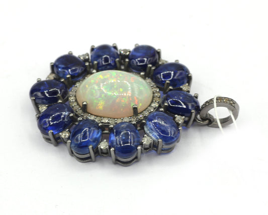 Silver Pave Diamond Pendant With Tanzanite & Opal Stone