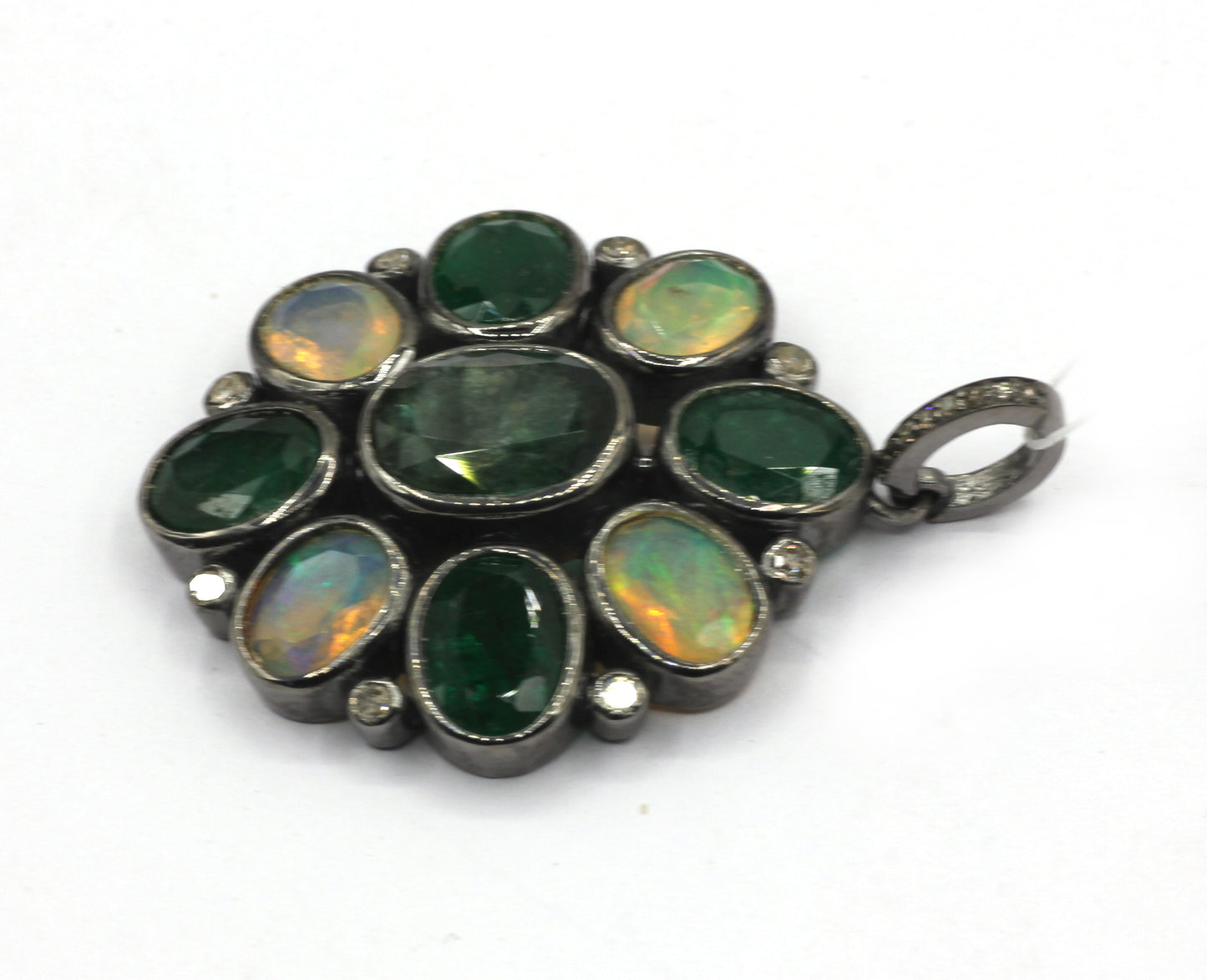 Silver Pave Diamond Pendant With Emerald & Opal Stone