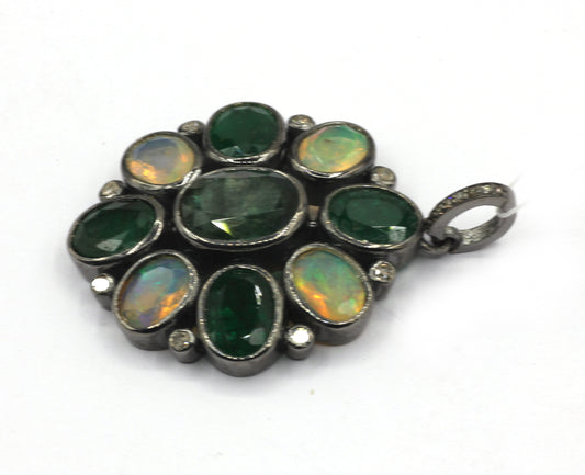 Silver Pave Diamond Pendant With Emerald & Opal Stone