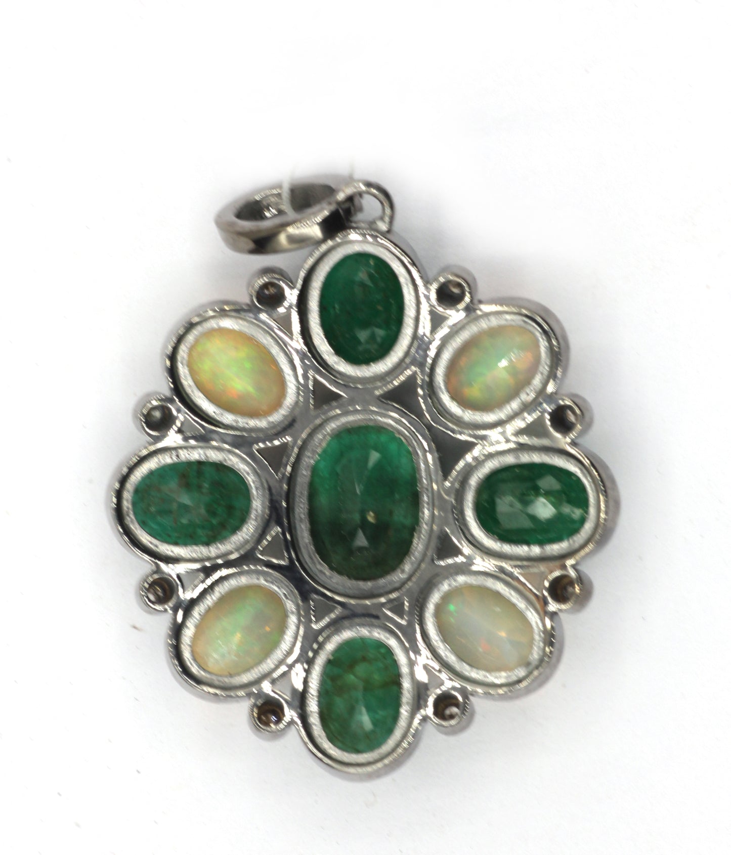 Silver Pave Diamond Pendant With Emerald & Opal Stone