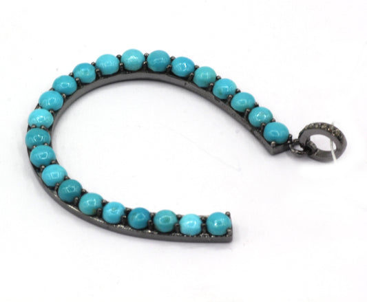 Horse shoe Silver Pave Diamond Pendant With Turquoise Stone