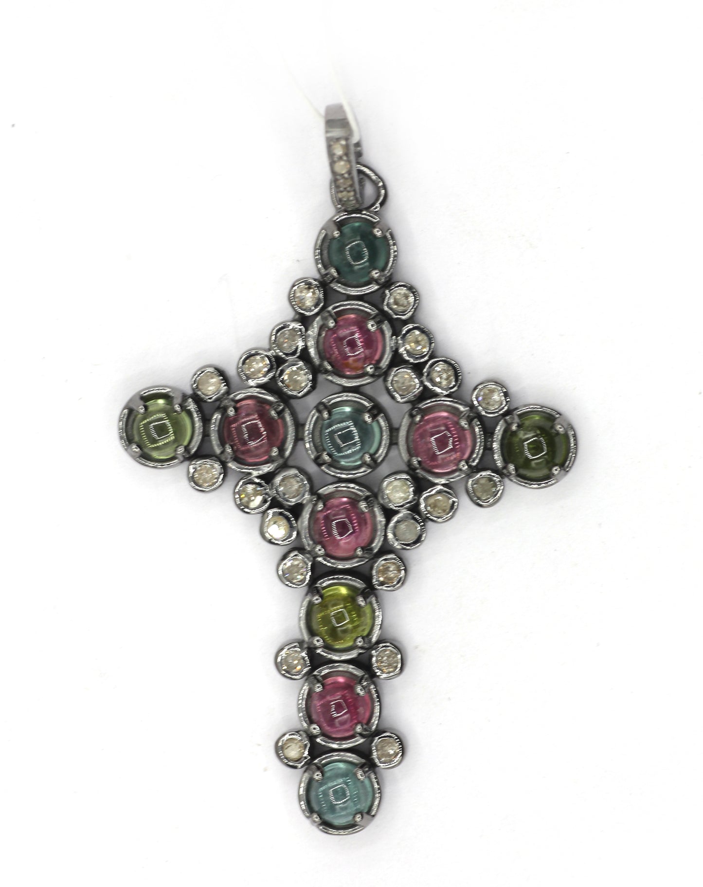 Cross Silver Pave Diamond Pendant With Tourmaline Stone