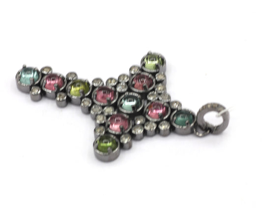 Cross Silver Pave Diamond Pendant With Tourmaline Stone