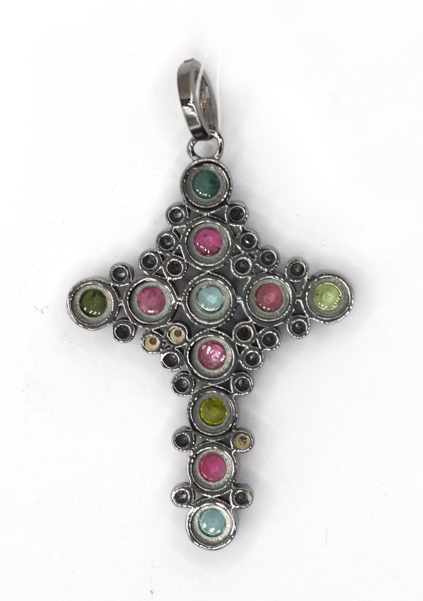 Cross Silver Pave Diamond Pendant With Tourmaline Stone