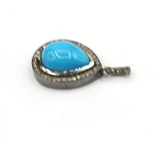 Pear Silver Pave Diamond Pendant With Turquoise Stone