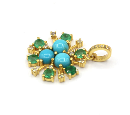Emerald Turquoise Silver Pave Diamond Pendant