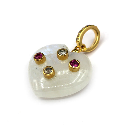 Rainbow Moonstone Heart Shape Pave Diamond Pendant