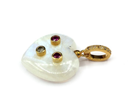 Rainbow Moonstone Heart Shape Pave Diamond Pendant