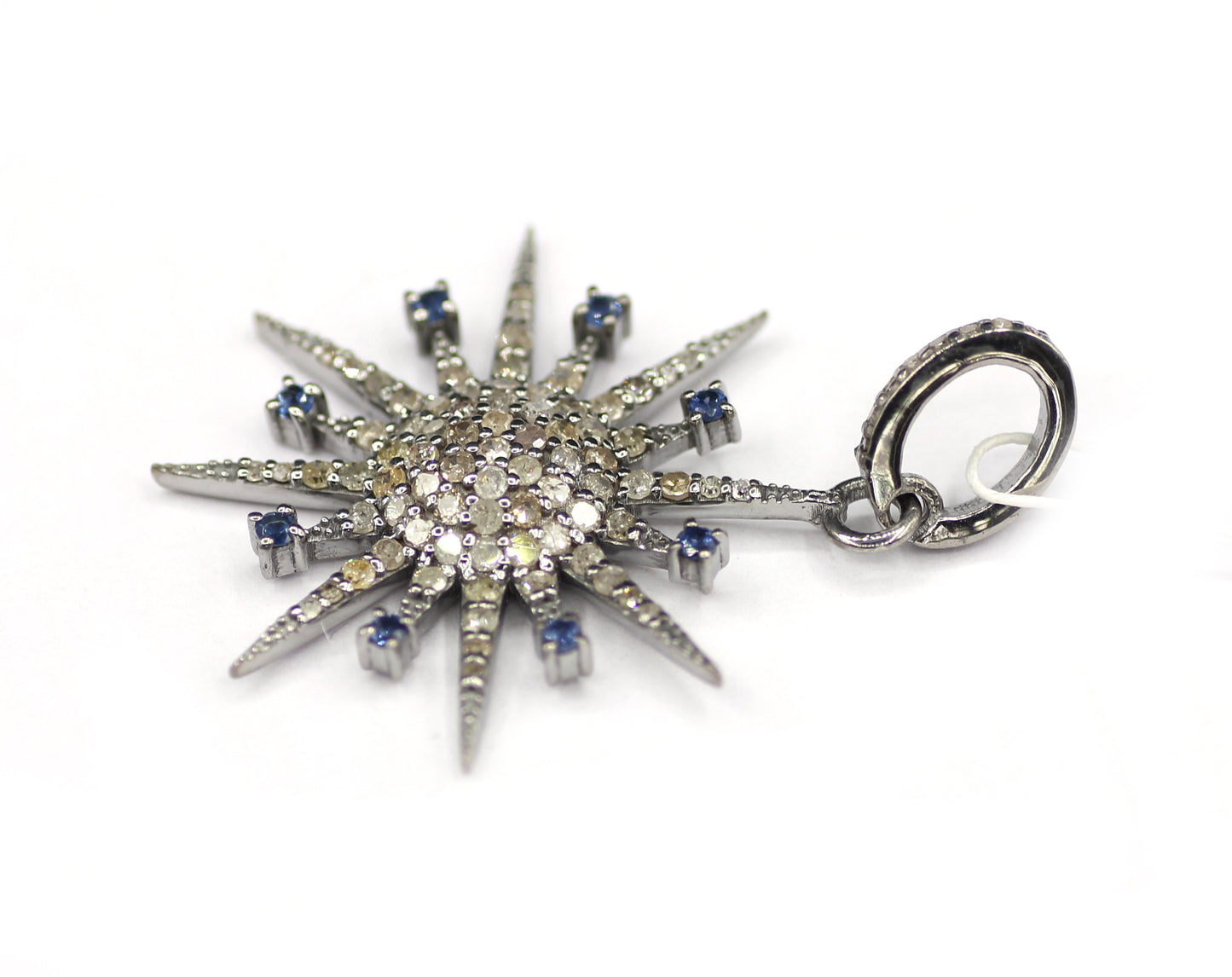 Star shaped sterling silver pendant with Diamond And Blue Sapphire