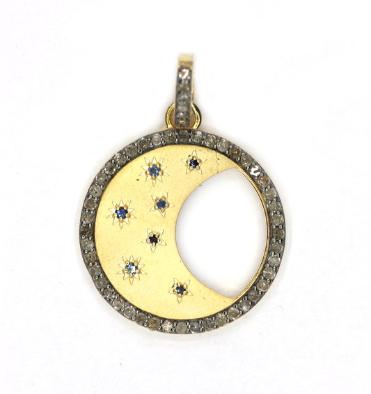 Moon&Star Silver Pave Diamond Pendant With Blue Sapphire