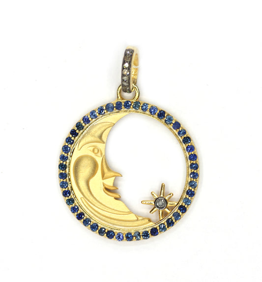 Moon With Blue Sapphire Stone & Silver Pave Diamond Pendant