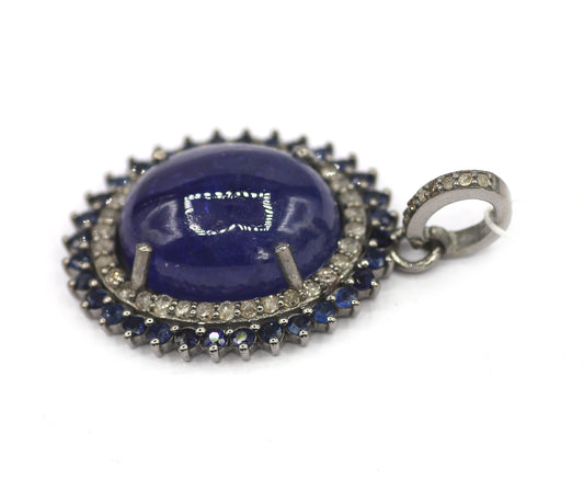 Tanzanite Silver Pave Diamond Pendant With Blue Sapphire Stone