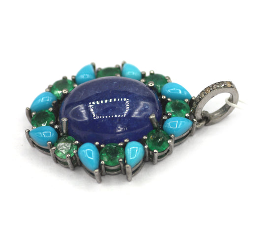 Tanzanite Silver Diamond Pendant With Emerald Stone