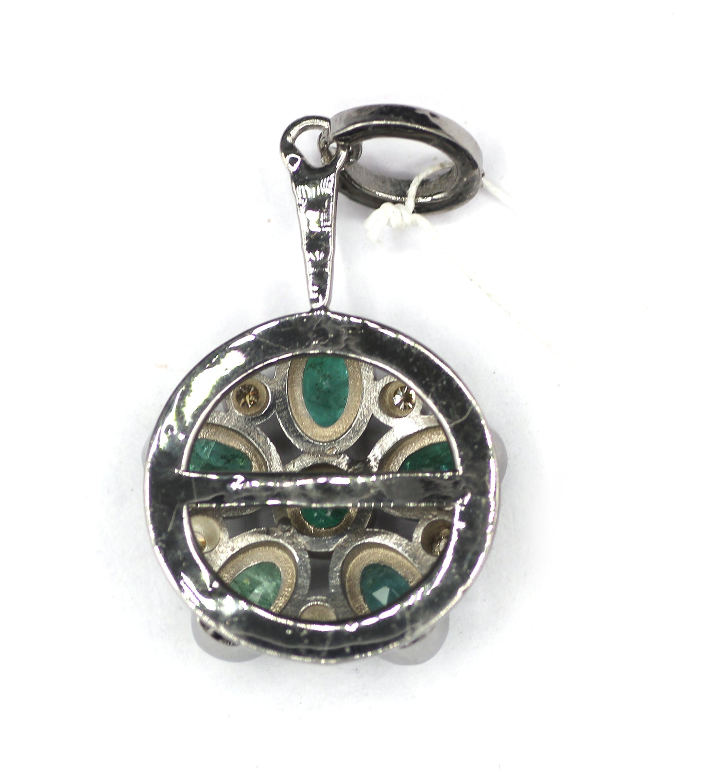 Round Silver Diamond Pendant With Emerald Stone