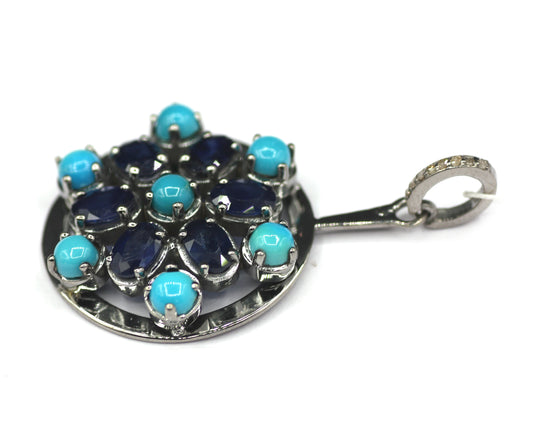 Turquoise Stone Silver Diamond Pendant