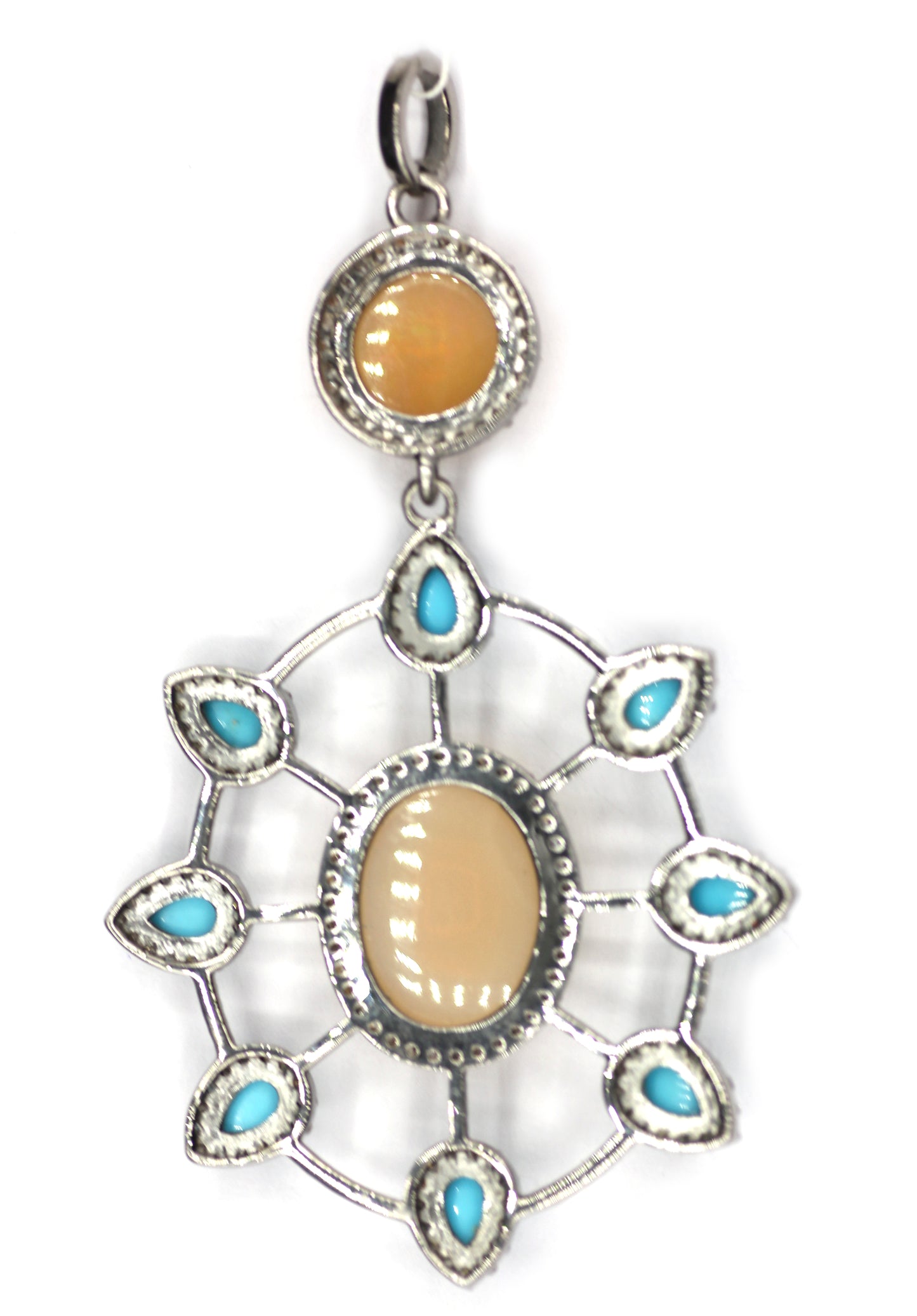 Ethiopian Opal Silver Diamond Pendant With Turquoise Stone