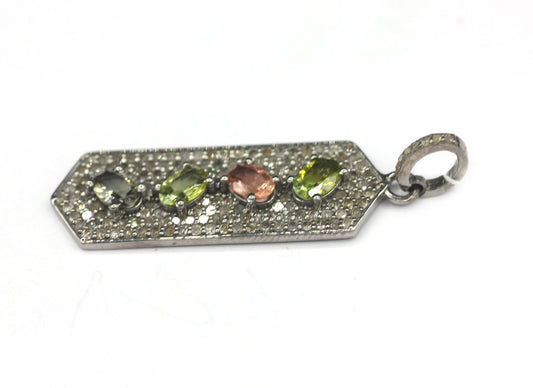 Tourmaline Stone Silver Diamond Pendant