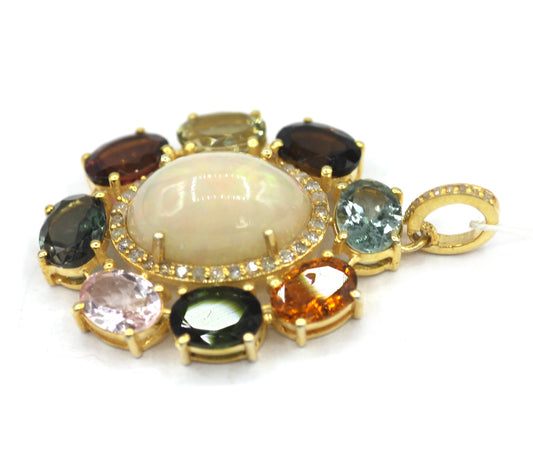Ethiopian opal Silver Diamond Pendant With Multi Tourmaline Stone