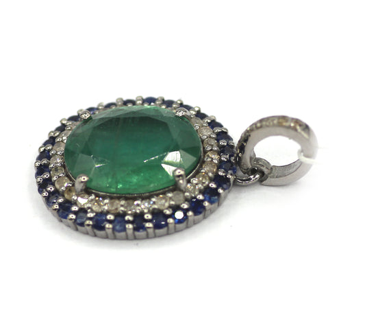 Emerald Silver Diamond Pendant With Blue Sapphire Stone