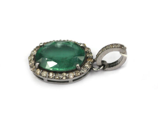 Oval Silver Diamond Pendant With Emerald Stone