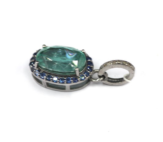 Emerald Oval Silver Blue Sapphire Pendant
