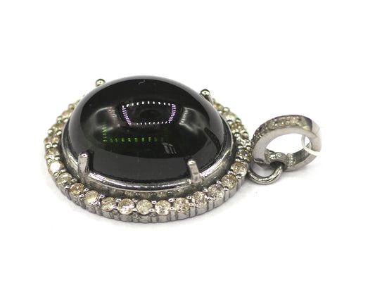 Oval Silver Diamond Pendant With Tourmaline Stone