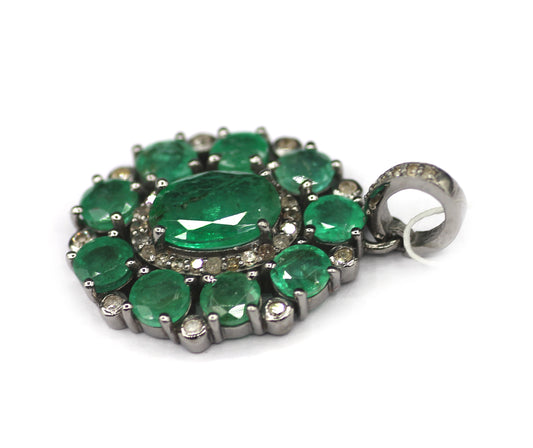 Emerald Silver Pave Diamond Pendant