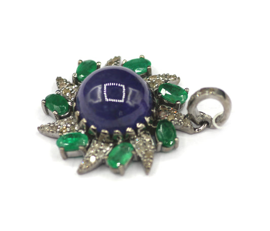 Flower Silver Diamond Pendant With Tanzanite Emerald Stone