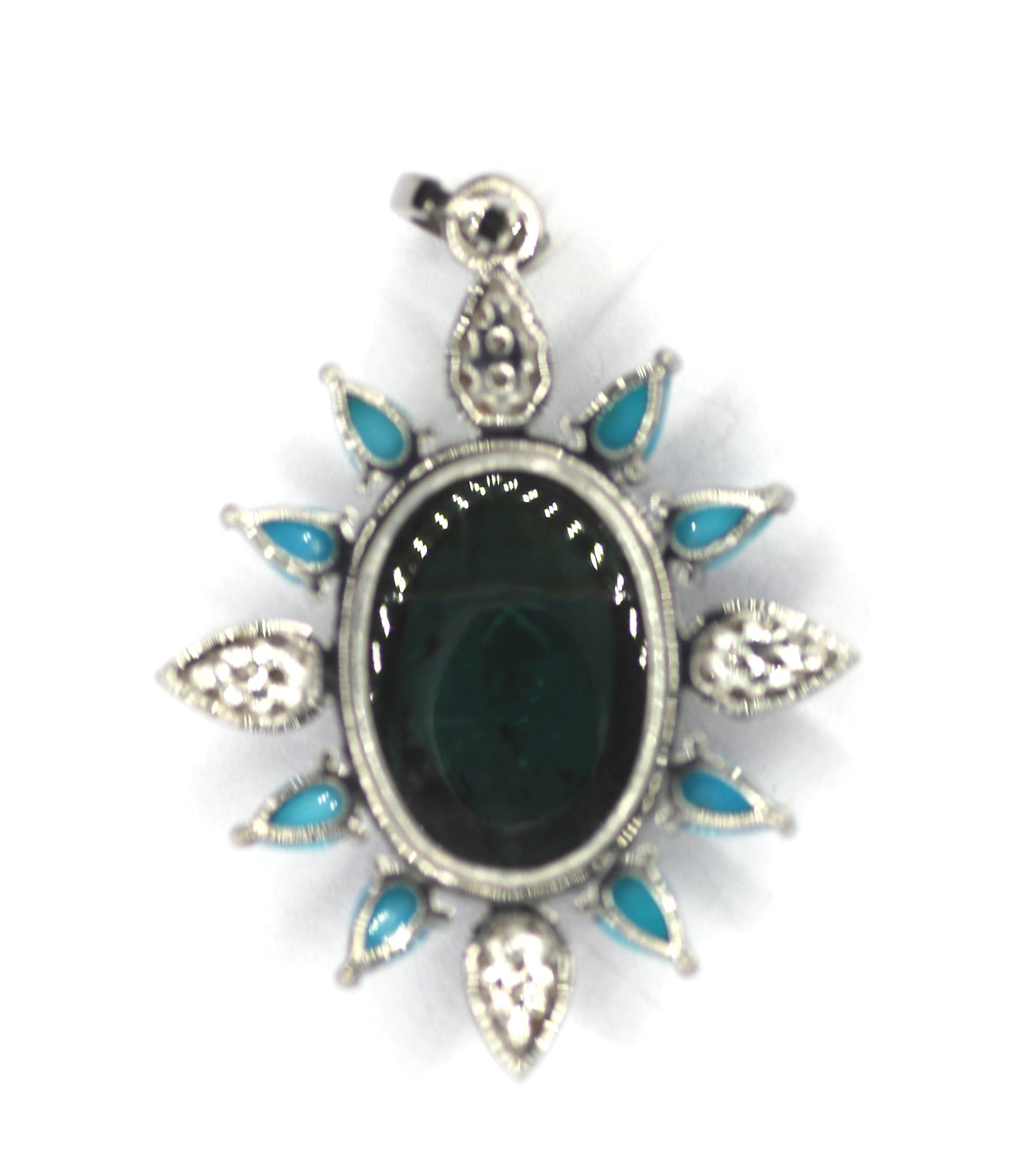 Green Tourmaline Silver Diamond Pendant With Turquoise Stone