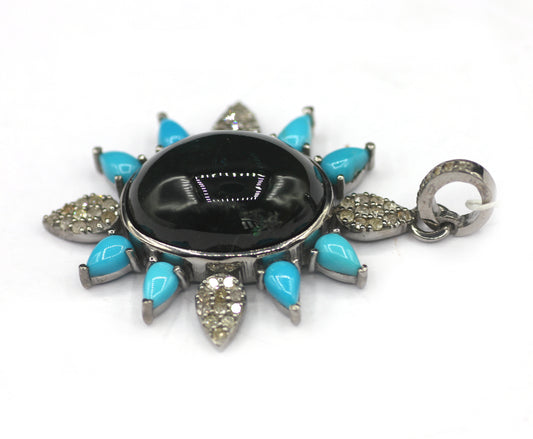Green Tourmaline Silver Diamond Pendant With Turquoise Stone