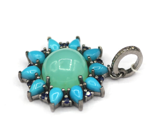 Turquoise Silver Diamond Pendant With Chrysoprase Stone