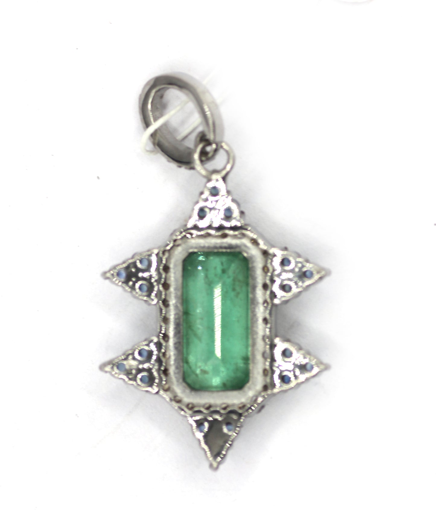 Emerald Silver Diamond Pendant With And Blue sapphire Stone
