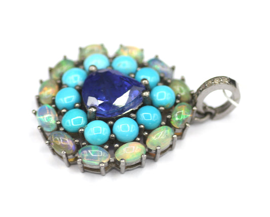 Tanzanite sterling silver Diamond pendant With Ethiopian opal & Turquoise Stone